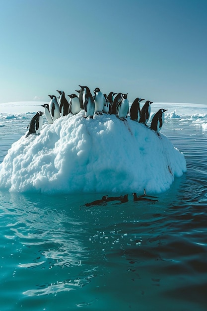 Photo l'essence ludique d'une colonie de pingouins sur un grand iceberg