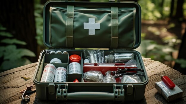 Photo l'essentiel de l'aventurier une trousse de premiers soins complète avec des médicaments contrôle du vomissement equipement de camping