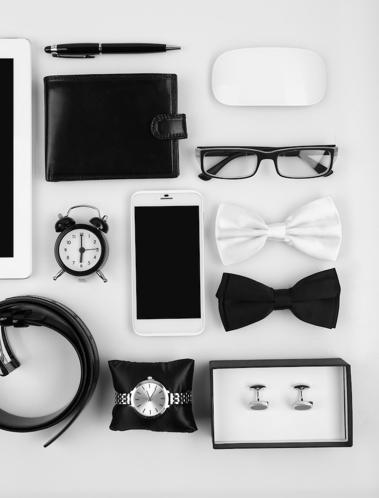 Photo essentiels des objets d'homme de mode sur un fond clair