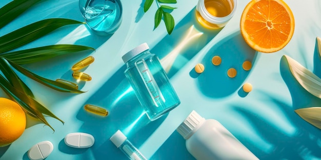 Essentiels de santé et de bien-être un contexte de santé composé comprenant des éléments essentiels tels que les vitamines