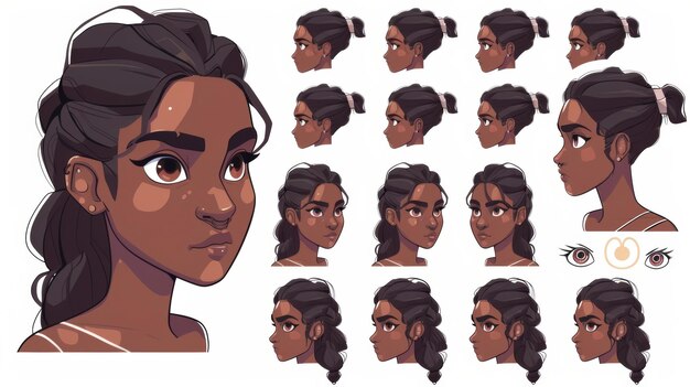 C'est un avatar d'un personnage féminin noir avec des visages, des coiffures, des nez, des yeux, des sourcils et des lèvres pour construire des personnages de dessins animés.