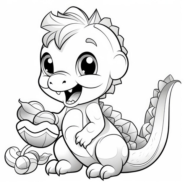 C'est un bébé dinosaure mignon qui mâche des fruits. C'est une caricature adorable pour les enfants.