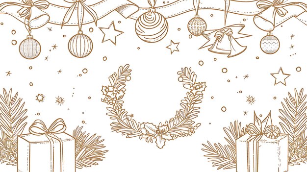 C'est une belle illustration dessinée à la main d'une couronne de Noël. La couronne est faite de lierre et de cônes de pin et est décorée d'un nœud rouge.