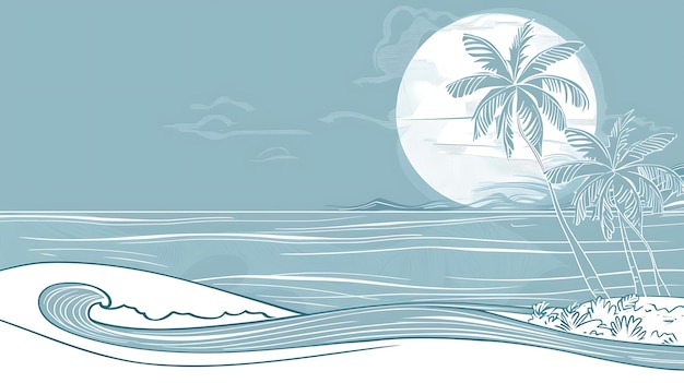 C'est une belle illustration vectorielle minimaliste d'une scène de plage. Les couleurs bleues fraîches et les lignes simples créent une atmosphère relaxante et paisible.