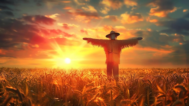 Photo c'est une belle image d'un épouvantail debout dans un champ de blé le soleil se couche derrière lui jetant une lueur chaude sur la scène