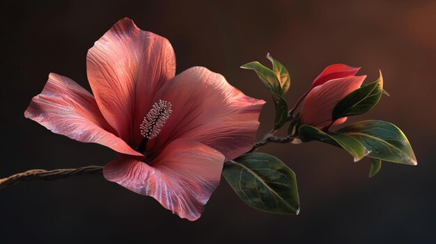 C'est une belle image d'une fleur d'hibiscus rouge les pétales sont doux et délicats et la fleur est entourée de feuilles vertes luxuriantes