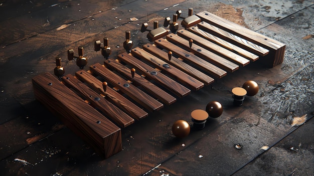 Photo c'est une belle image d'un xylophone en bois. le xylophone est fait de bois sombre riche et a des barres métalliques.