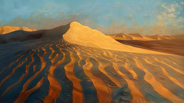 C'est une belle peinture de paysage d'un désert les couleurs chaudes et la lumière douce créent un sentiment de paix et de tranquillité