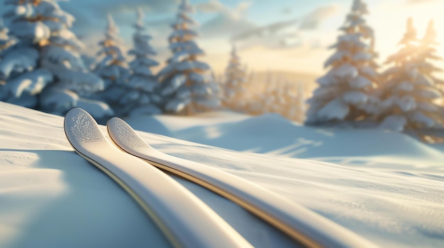 Photo c'est une belle scène hivernale. il y a une paire de skis au premier plan et une forêt couverte de neige en arrière-plan.