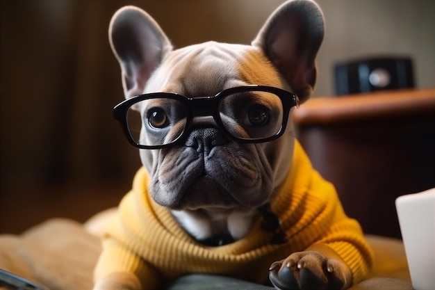 C'est un bulldog français mignon avec des yeux surpris dans des lunettes avec un sourire généré par l'IA.