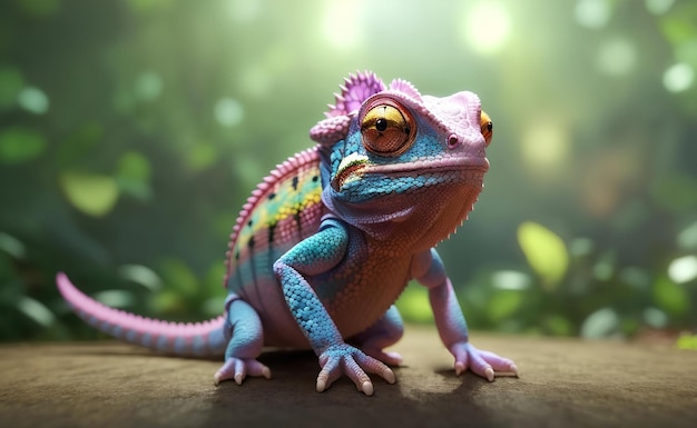 C'est un caméléon coloré avec un fond naturel.