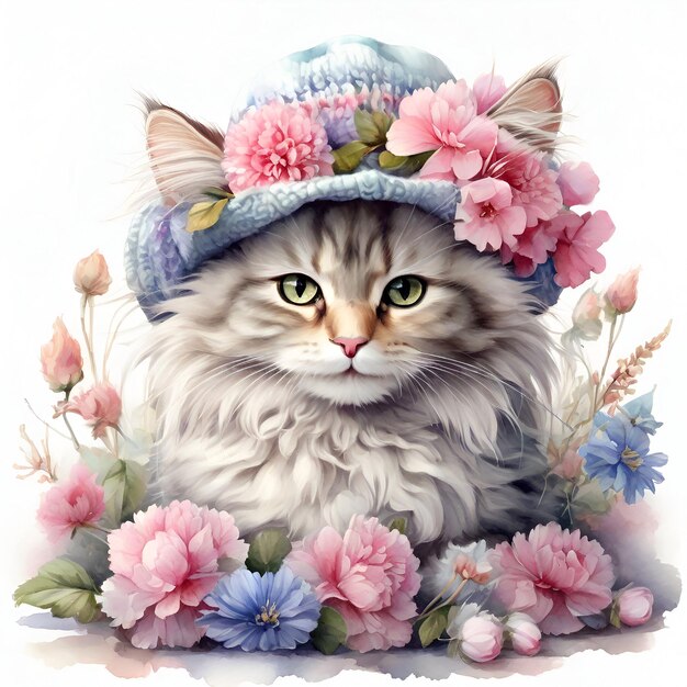 C'est un chat mignon avec de belles roses et des fleurs.