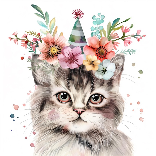 C'est un chat mignon avec des fleurs sur la tête.