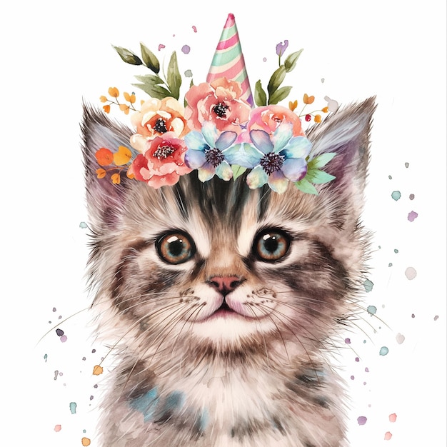 C'est un chat mignon avec des fleurs sur la tête.