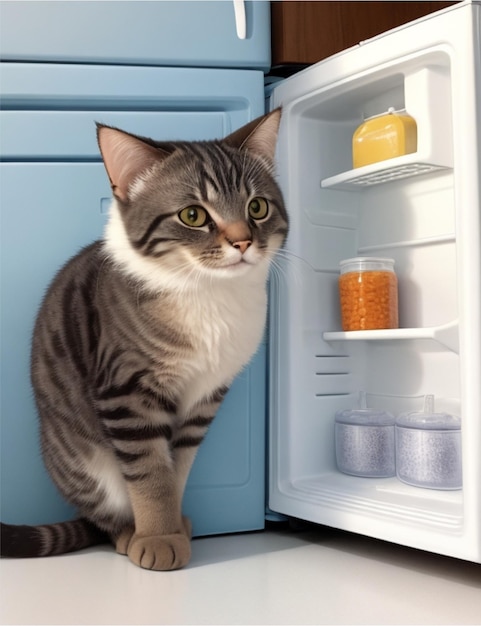 C'est un chat mignon qui est assis dans le réfrigérateur.
