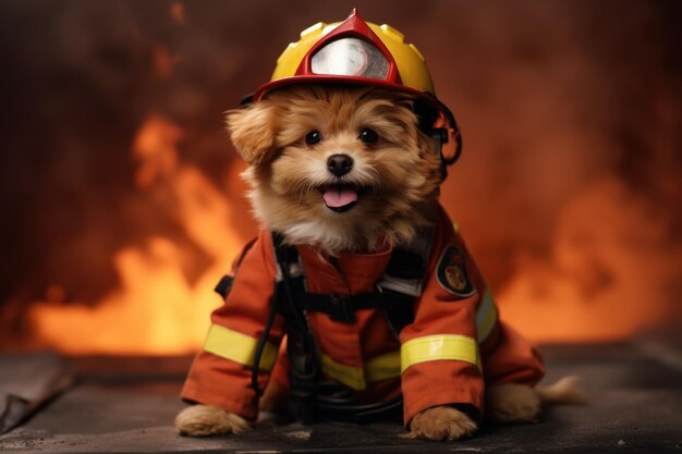 C'est un chien mignon qui s'habille comme un pompier.