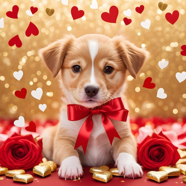 Photo c'est un chiot mignon avec un ruban rouge et des cœurs sur un fond romantique.