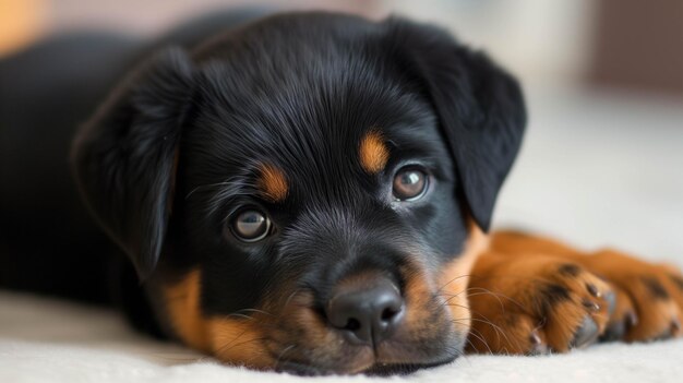 Photo c'est un chiot de rottweiler qui est mignon.