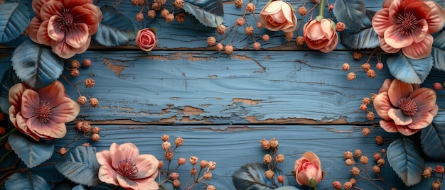 C'est un dessin de fleurs de magnolia de roses d'hortensia et votre texte sur un fond de planche de bois déchiré dans un style rustique C'est une vue de haut Le dessin est plat et il y a de l'espace pour votre écriture
