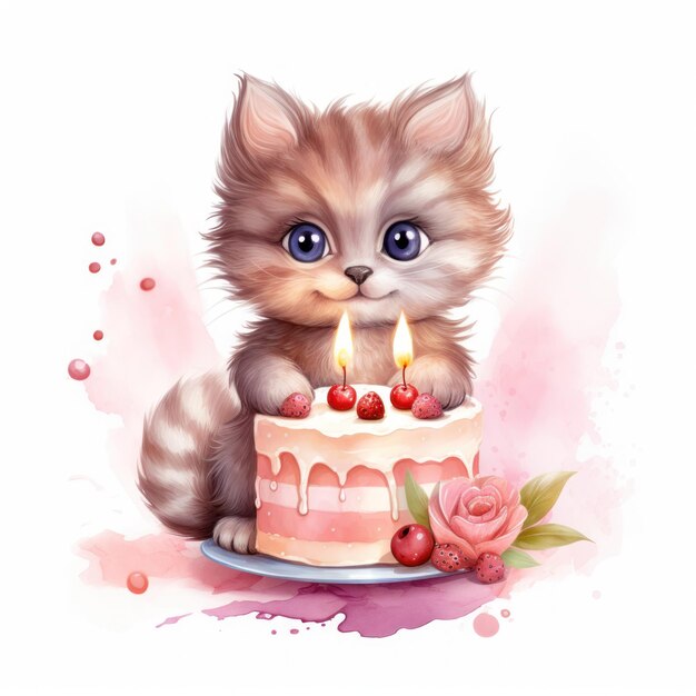 Photo c'est un gâteau d'anniversaire pour chat mignon, une humeur festive, un chaton souriant avec un gâteau pour anniversaire.