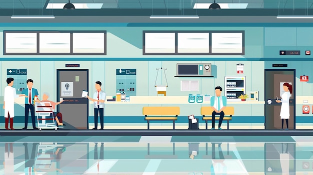 C'est une illustration d'une salle d'attente d'hôpital. Des gens, des médecins, des infirmières.