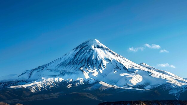 C'est une image époustouflante d'une montagne enneigée. La montagne est au loin avec un ciel bleu clair et des nuages blancs derrière elle.