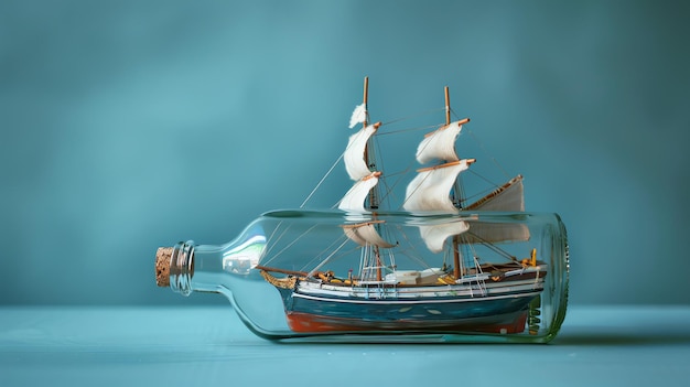 Photo c'est une image d'un magnifique modèle de navire dans une bouteille de verre. le navire est en bois et a des voiles blanches.