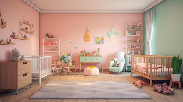 C'est une jolie chambre de bébé pastel avec un berceau généré par l'IA.