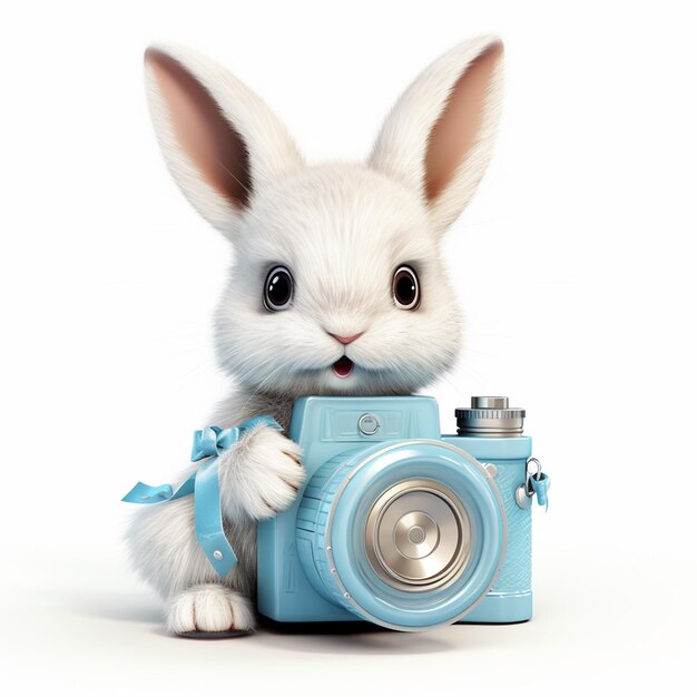 Photo c'est un lapin mignon avec une camra sur le blanc.