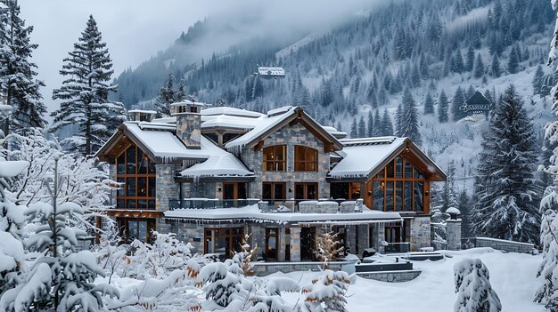 C'est un magnifique paysage hivernal d'une maison dans les montagnes. La maison est faite de pierre et de bois.