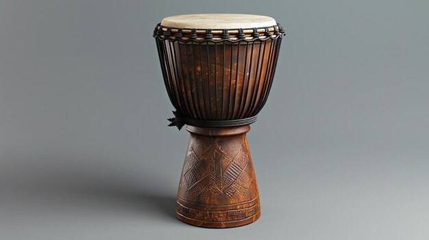 Photo c'est un magnifique tambour de djembe. il est fait de bois et a une tête en cuir brut. le tambour est décoré de sculptures complexes.