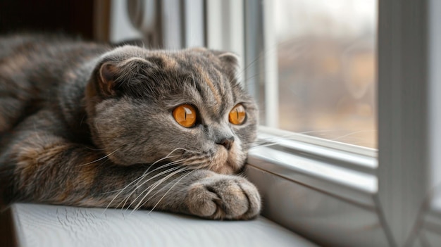 C'est un mignon chat écossais de race pliée aux yeux jaunes qui est allongé près de la fenêtre à la maison en plein jour.