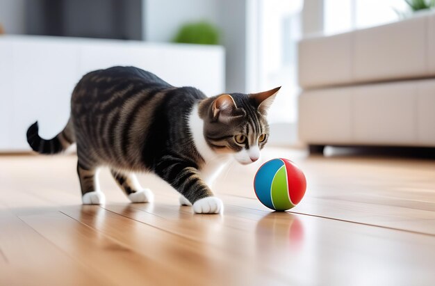 C'est un mignon chat qui joue à la maison.