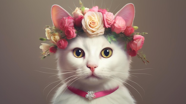 C'est un mignon chat avec des roses et des fleurs dans le style rococo.