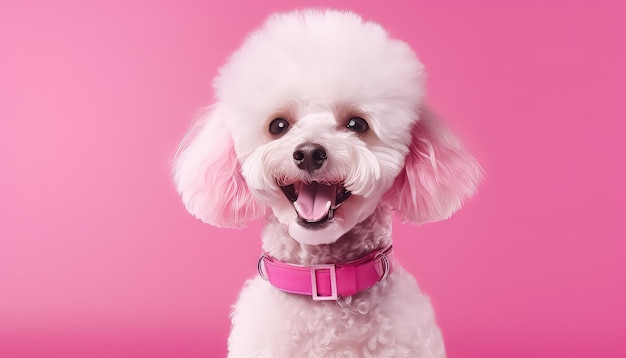 C'est un mignon chien blanc avec un collier rose.