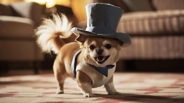 C'est un mignon chien avec un chapeau.