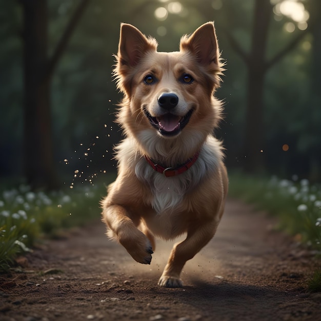 C'est un mignon chien qui court dans la forêt avec un grand sourire.