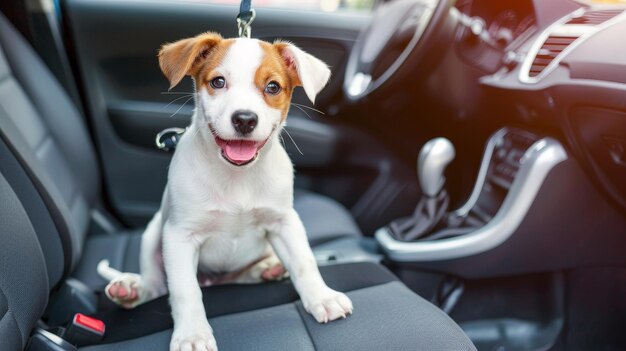 Photo c'est un mignon chiot. tout est prêt pour une voiture, des vacances d'été, un voyage en voiture avec un animal de compagnie.