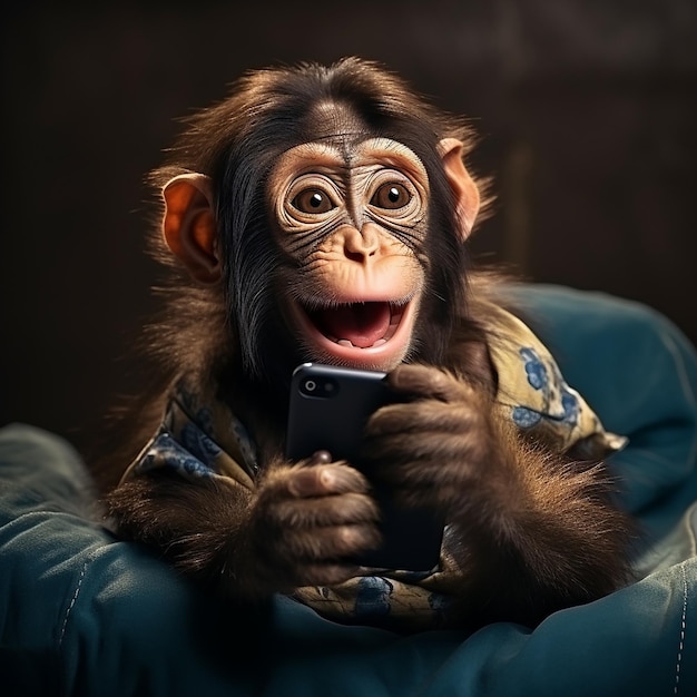 C'est un mignon singe qui utilise un smartphone.