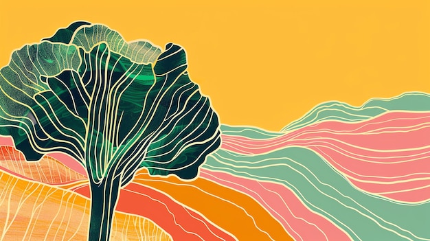 C'est une peinture numérique d'un arbre avec une canopée verte luxuriante sur un fond de collines vallonnées