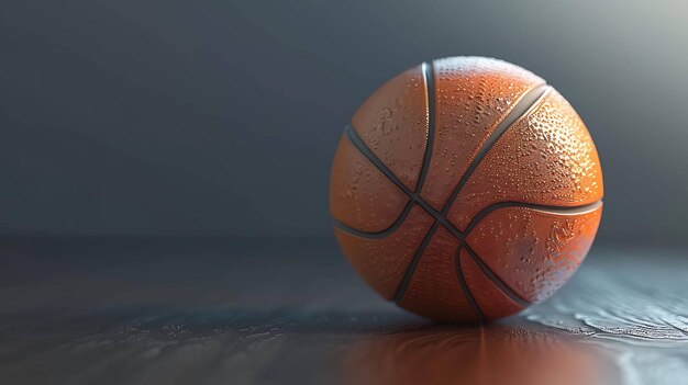 C'est une photo d'un ballon de basket. Le ballon est orange et noir. Il est assis sur une surface mouillée. Le fond est sombre.