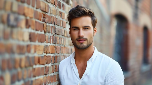 Photo c'est une photo d'un beau jeune homme aux cheveux bruns et aux yeux bleus. il porte une chemise blanche et a un léger sourire sur le visage.