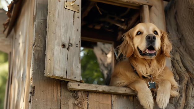 C'est une photo d'un chien Golden Retriever qui regarde par la fenêtre d'une cabane dans l'arbre. Le chien sourit et a une expression heureuse sur son visage.