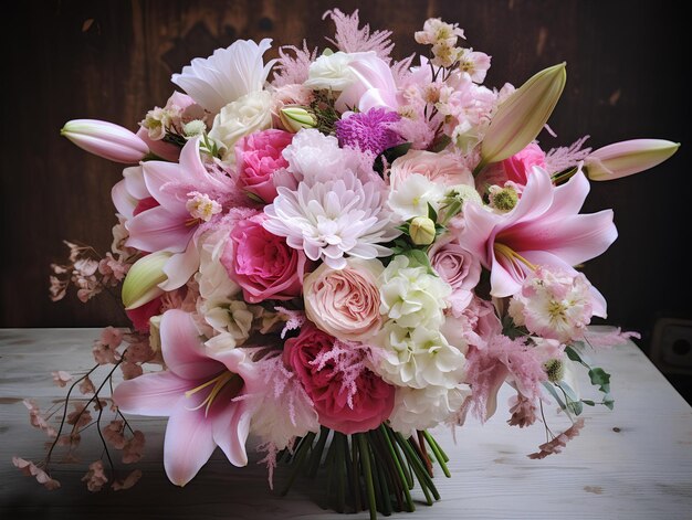 C'est une photo de fleuriste d'un bouquet rose et blanc