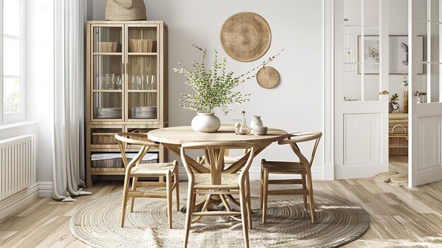 Photo c'est une photo d'une salle à manger avec une table ronde en bois et quatre chaises la table est disposée avec un vase de fleurs une cruche et quelques verres