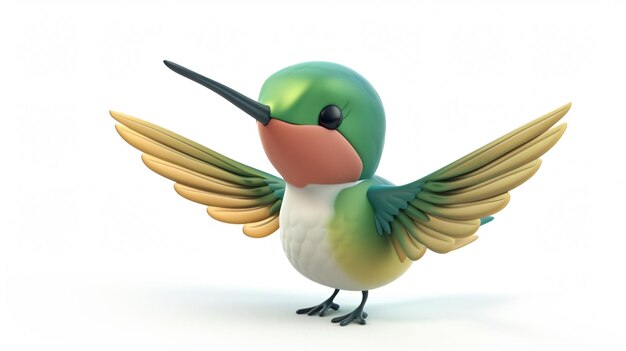 C'est un rendu 3D d'un colibri. Il a ses ailes déployées et regarde à gauche du cadre.