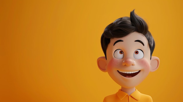C'est un rendu 3D d'un garçon de dessin animé heureux. Il a les cheveux noirs et les yeux bruns et il porte une chemise jaune.
