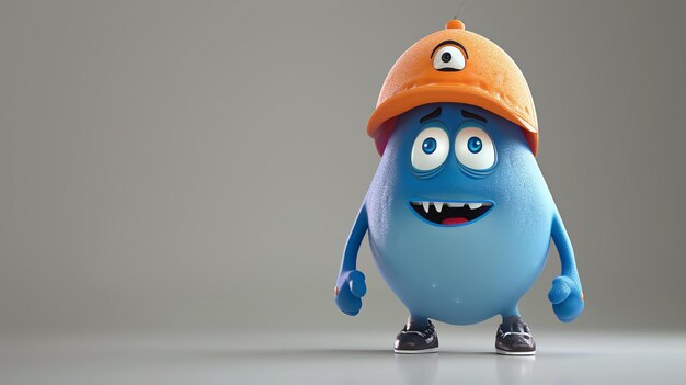 Photo c'est un rendu 3d d'un monstre bleu mignon et sympathique. il porte un chapeau orange et des chaussures noires. il a un œil et un grand sourire sur son visage.