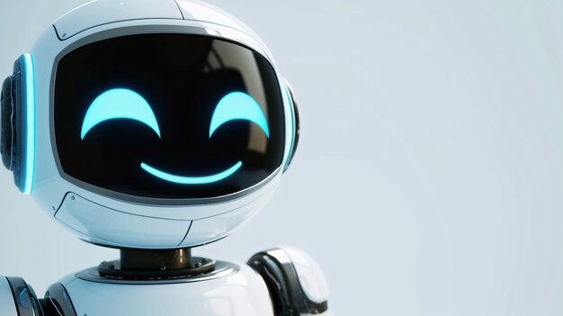 Photo c'est un rendu 3d d'un robot mignon et sympathique. le robot a un corps blanc et un écran bleu pour un visage.