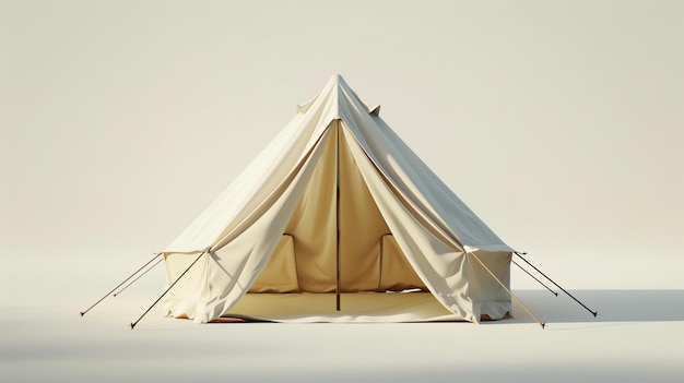 Photo c'est un rendu d'une tente de camping en toile classique. la tente est beige et a un poteau central avec quelques cordes et piquets pour la fixer au sol.